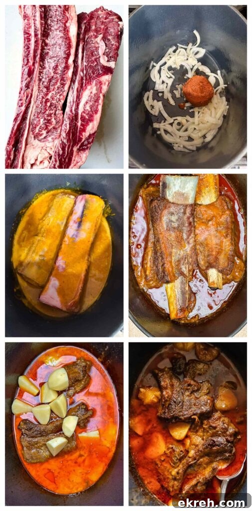 Slow-Braised Beef Short Ribs in Massaman Curry 5 Process shots of beef shot rib being seasoned, slow cooked and made into massaman curry