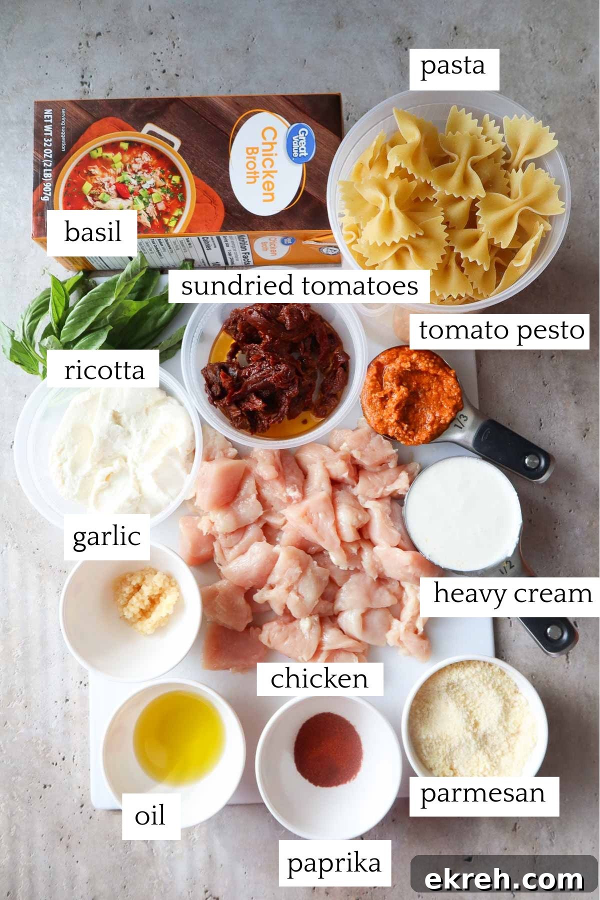 labeled and measured ingredients to make chicken ricotta pasta.