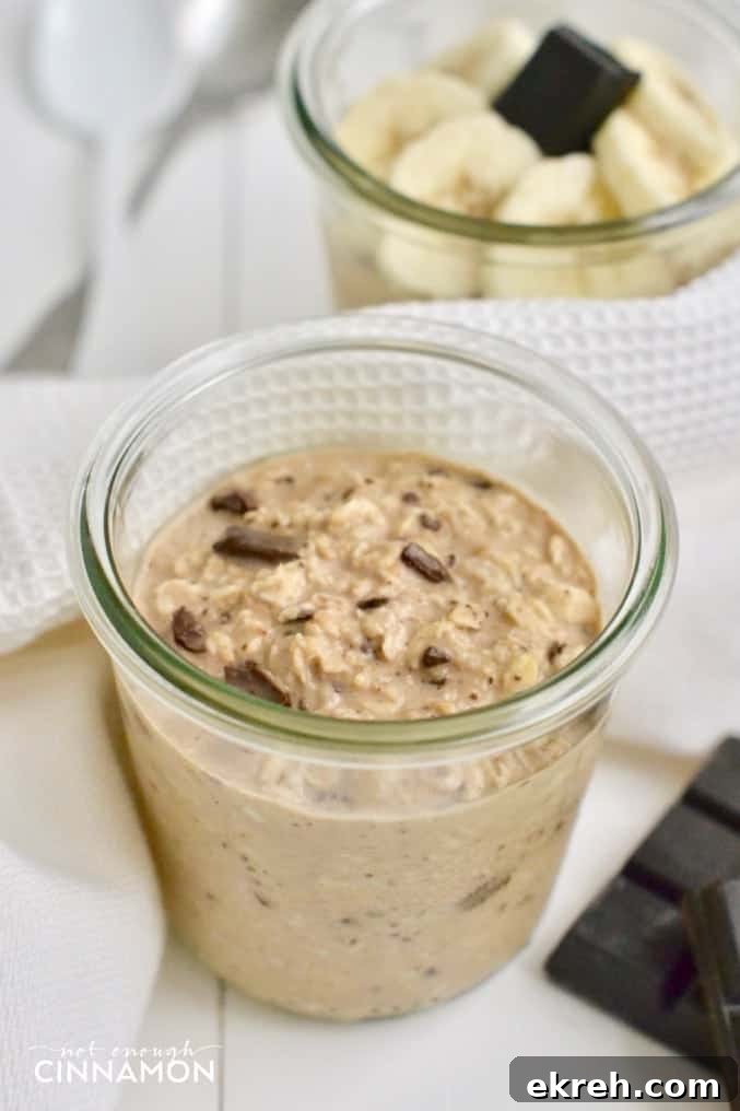 close-up of clean eating peanut butter chocolate overnight oats with grated chocolate on top