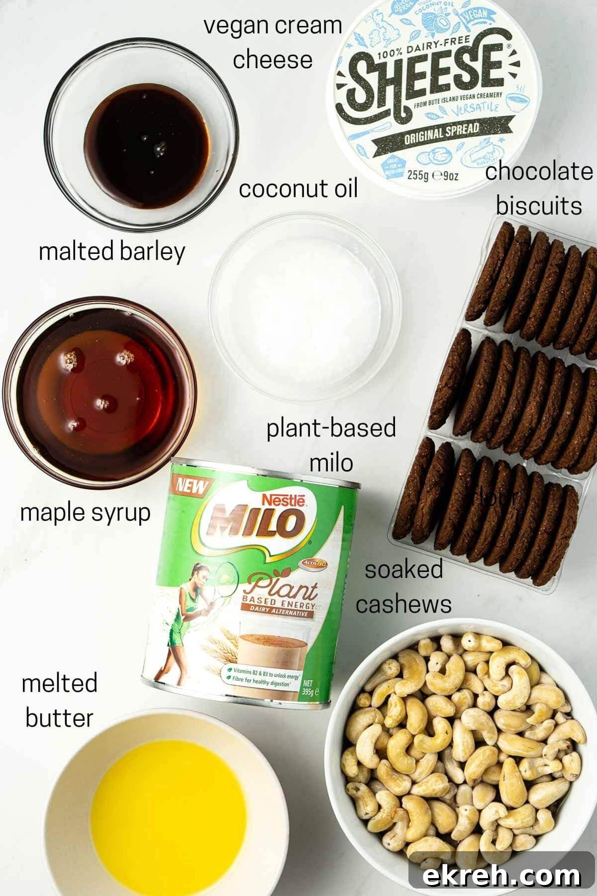Creamy No-Bake Vegan Milo Cheesecake Recipe 3 All ingredients laid out ready to make vegan milo cheesecake