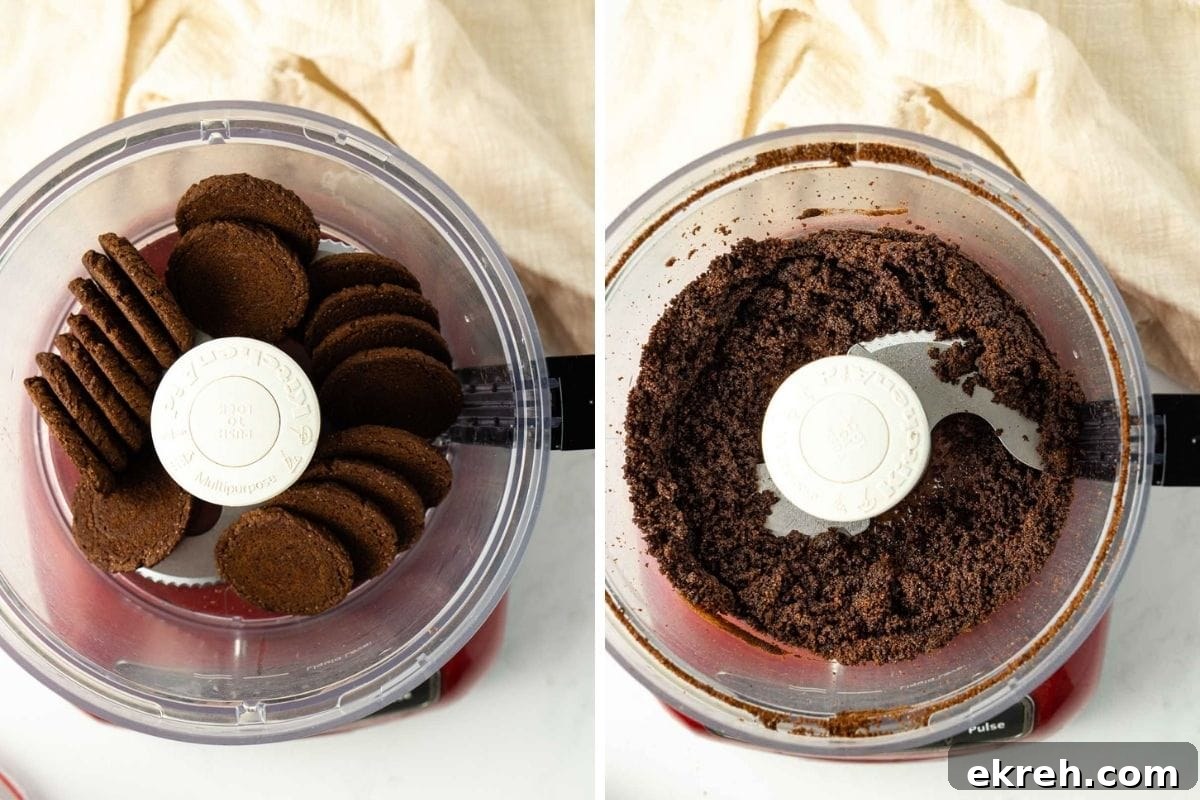 Creamy No-Bake Vegan Milo Cheesecake Recipe 5 Chocolate biscuits in a food processor before and after being pulsed into a fine crumb.
