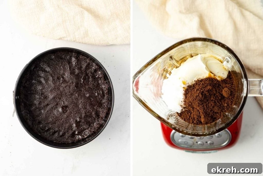 Creamy No-Bake Vegan Milo Cheesecake Recipe 6 Chocolate biscuit base pressed into a springform pan and all filling ingredients in a blender ready to be processed.