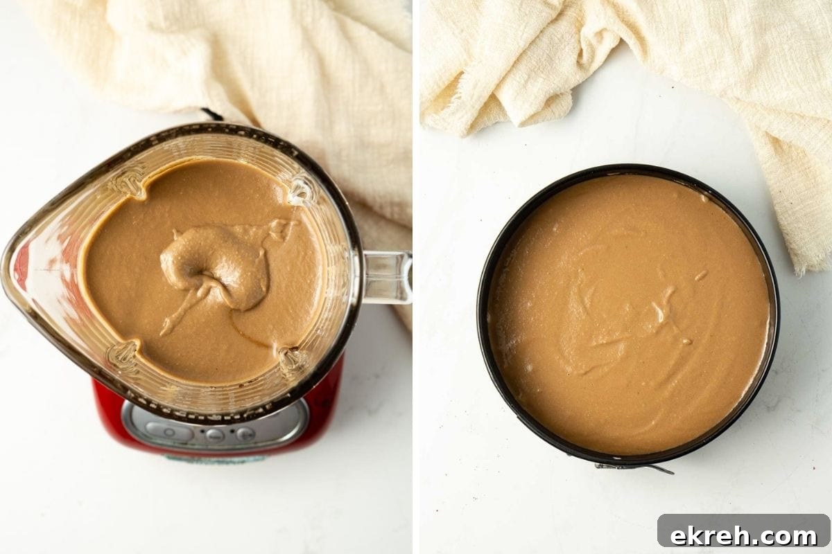 Creamy No-Bake Vegan Milo Cheesecake Recipe 7 Milo cheesecake filling blended until smooth in a blender and then poured into a springform pan.