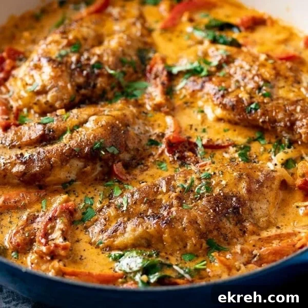 Creamy Tuscan Chicken in a dark pan
