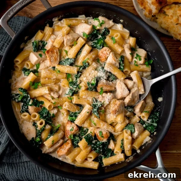 One pot rigatoni alfredo with chicken and kale
