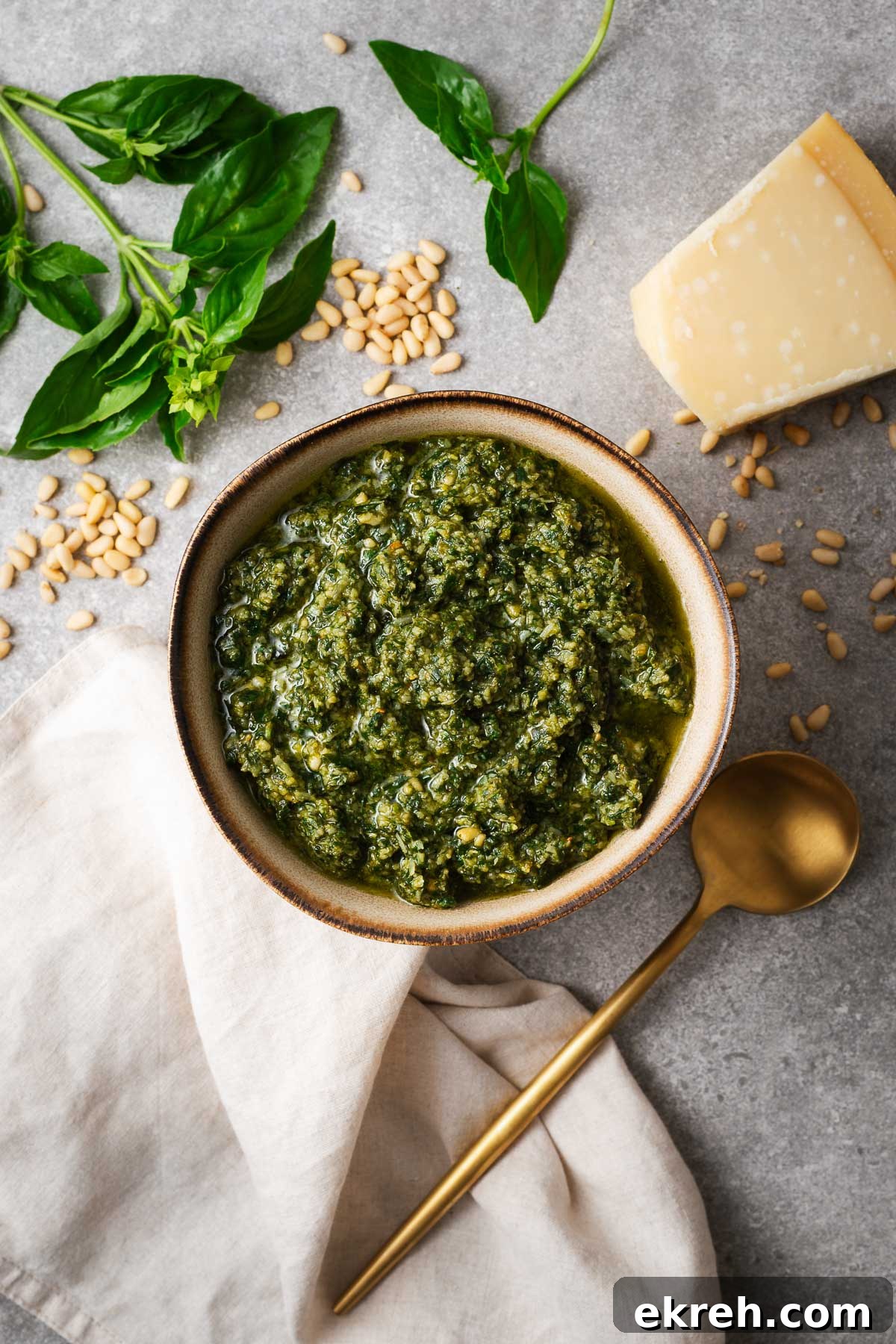 Large bowl with classic homemade pesto.