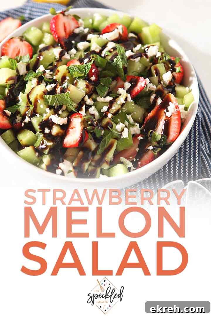 Pinterest graphic for Strawberry Melon Salad, featuring a close up of the salad