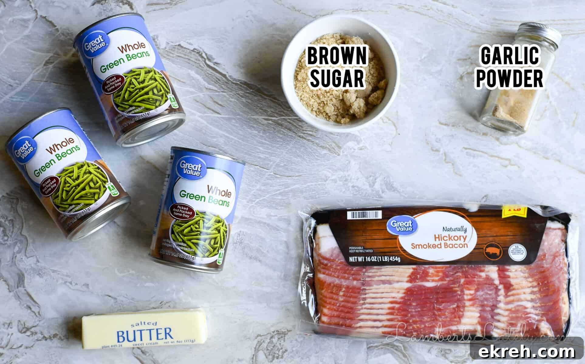 Brown Sugar Bacon Wrapped Green Bean Bundles Recipe 5 ingredients for bacon wrapped green bean bundles (bacon, brown sugar, green beans, garlic powder, butter).