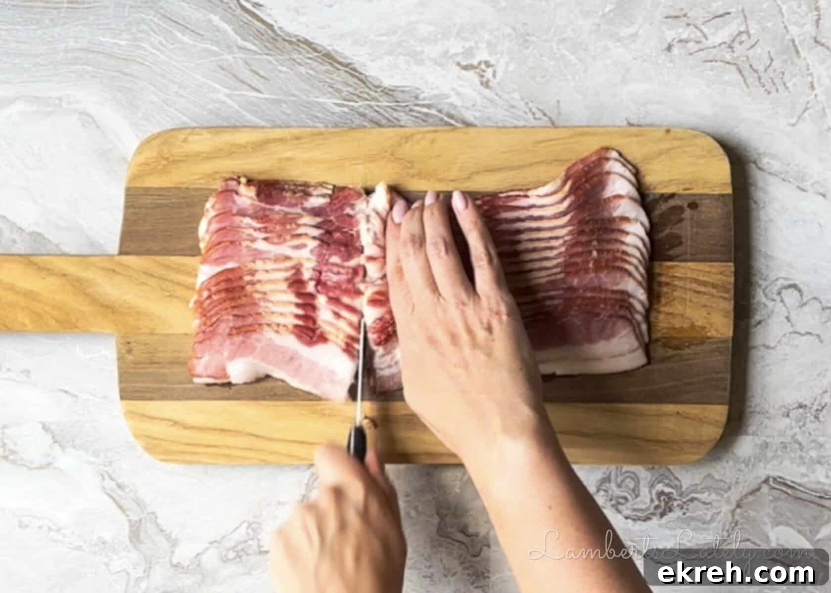 Brown Sugar Bacon Wrapped Green Bean Bundles Recipe 6 cutting bacon on a cutting board.