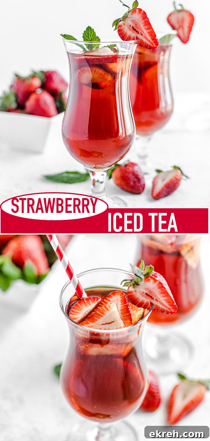 Homemade Strawberry Iced Tea Recipe 7 long vertical two photo image with recipe title in the centre