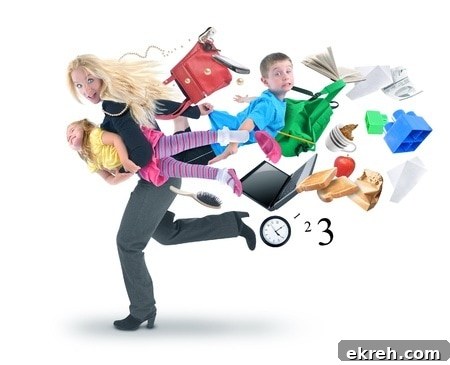 Busy Mom's Guide to Taming Messy House Stress 3 Overwhelmed mother juggling kids with toys, books, and work deadlines for busy moms and parenting.