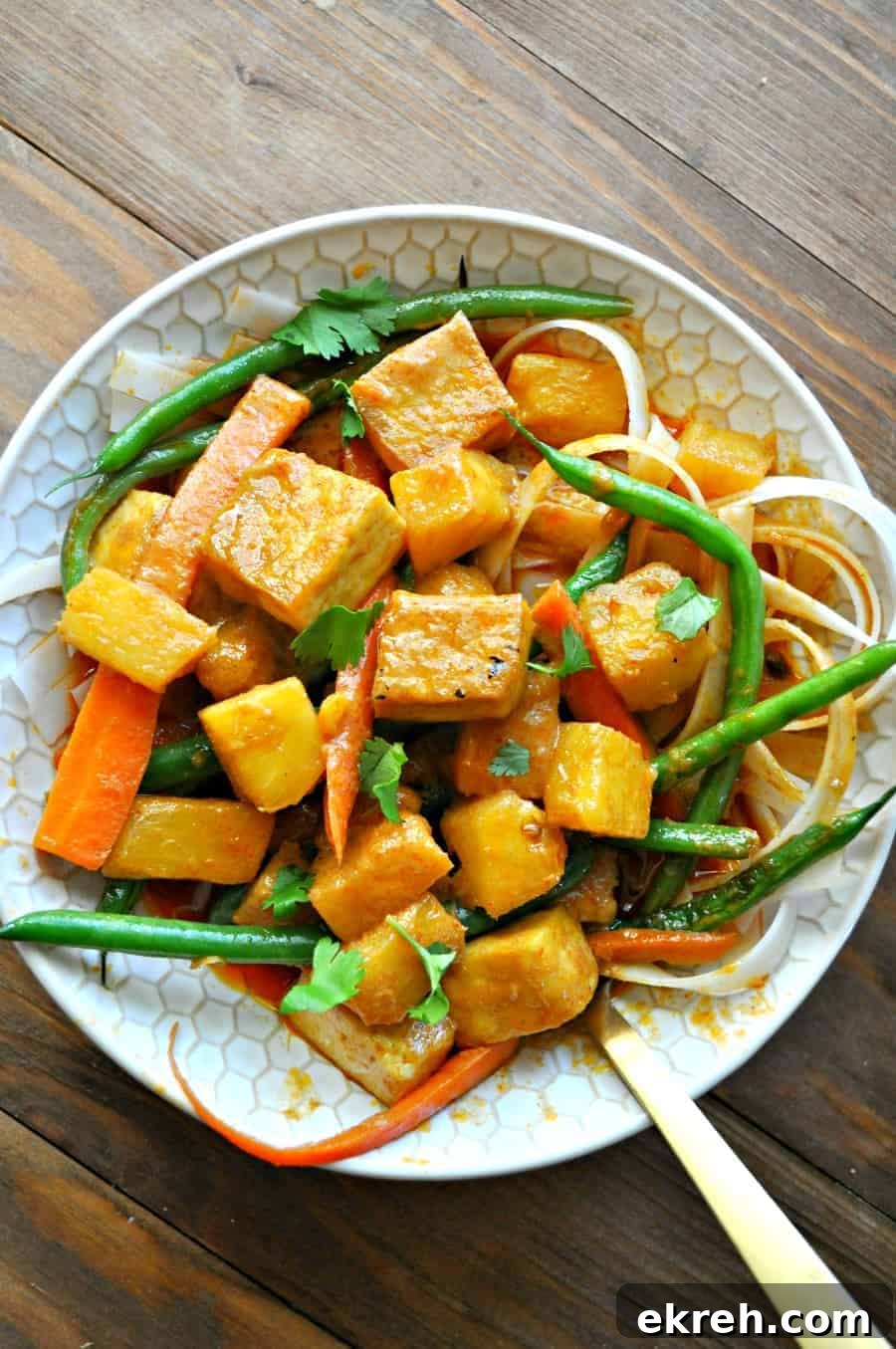Vegan Pineapple Tofu Curry with Coconut Milk 4 Saucy vegan curry in skillet