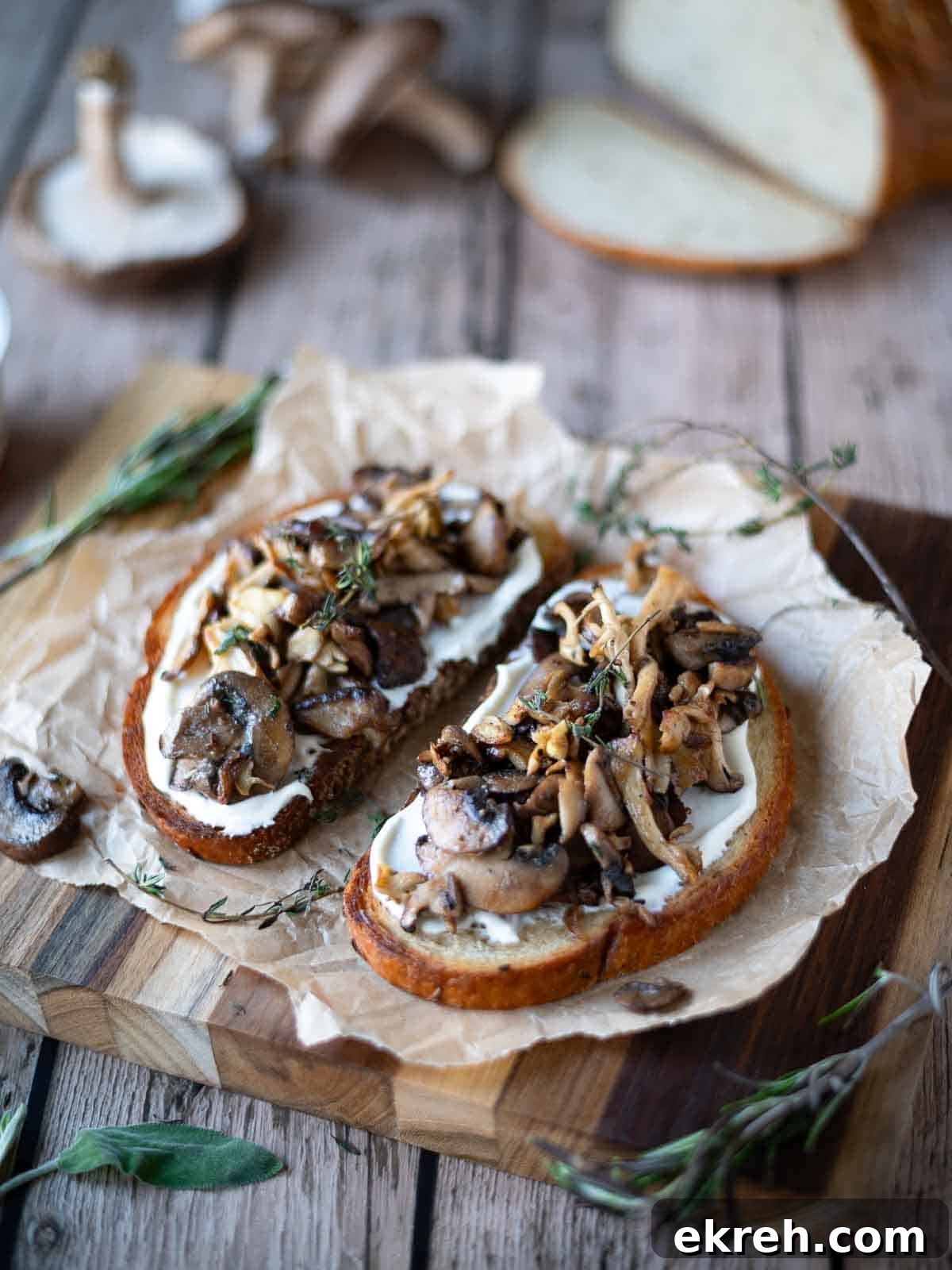 Two slices of mushroom toast on a wood board with herbs around it.