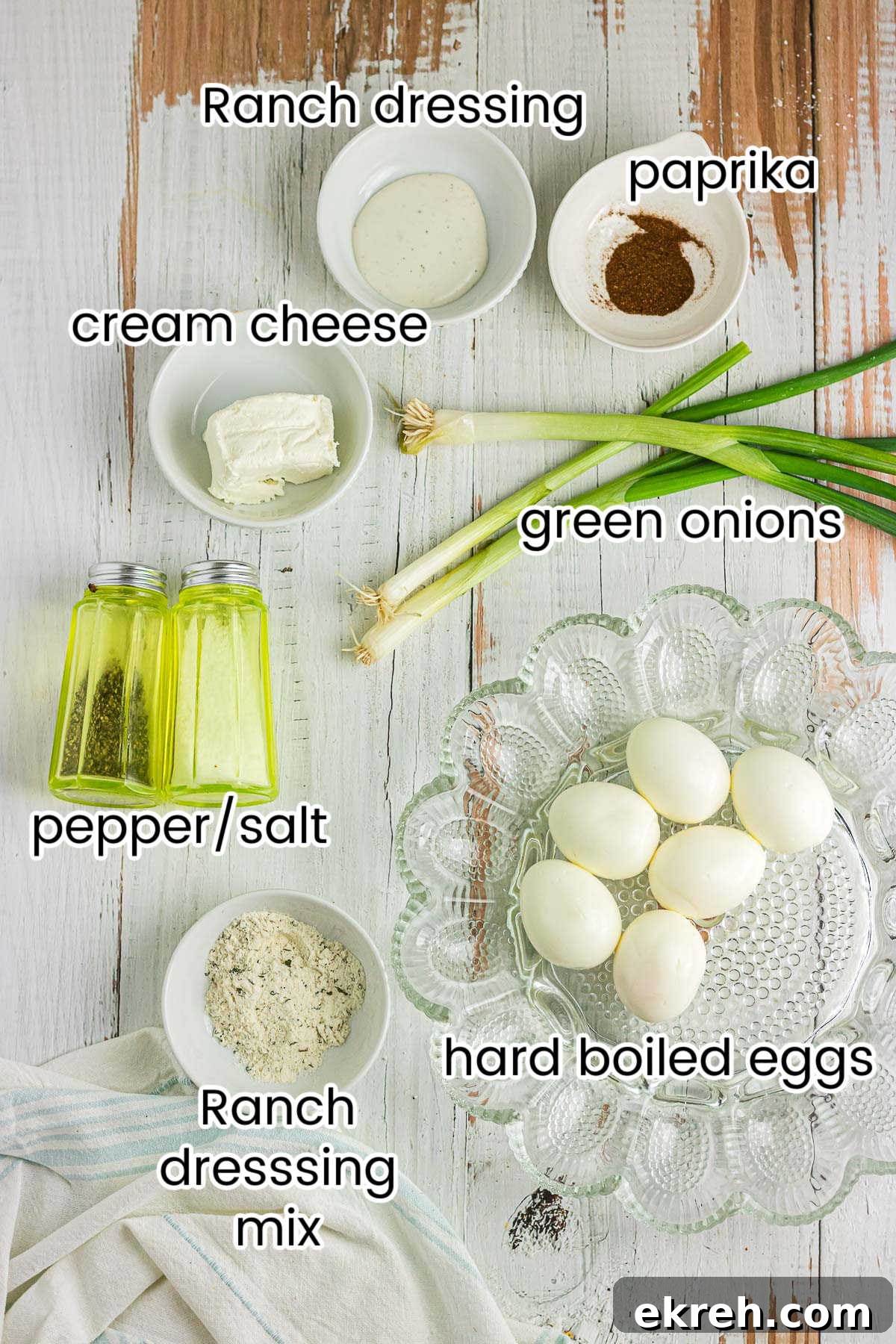 Creamy Ranch Deviled Eggs Recipe 3 An overhead photo with text overlay of the recipe ingredients.