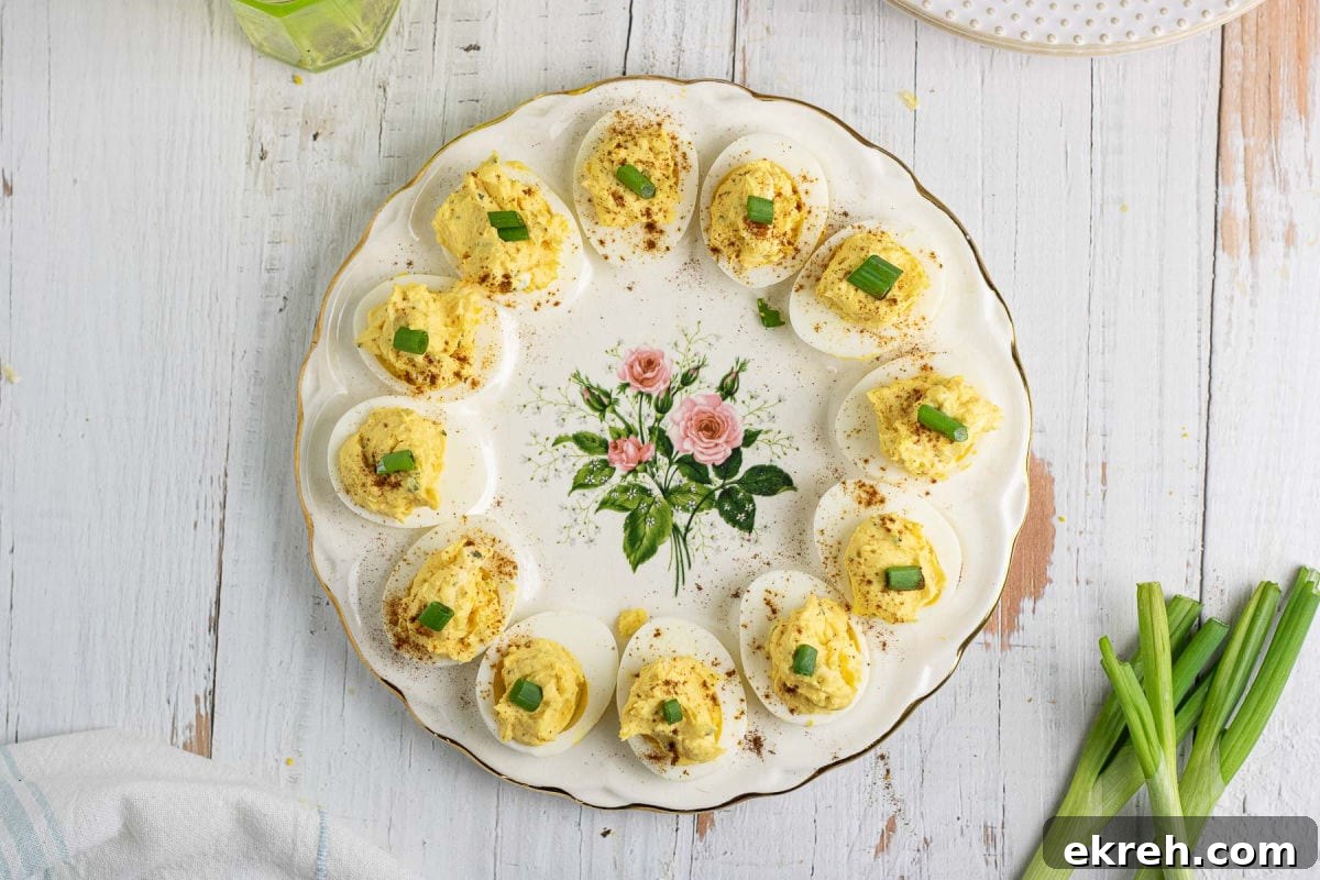 Creamy Ranch Deviled Eggs Recipe 9 Overhead view of a plate of deviled eggs.