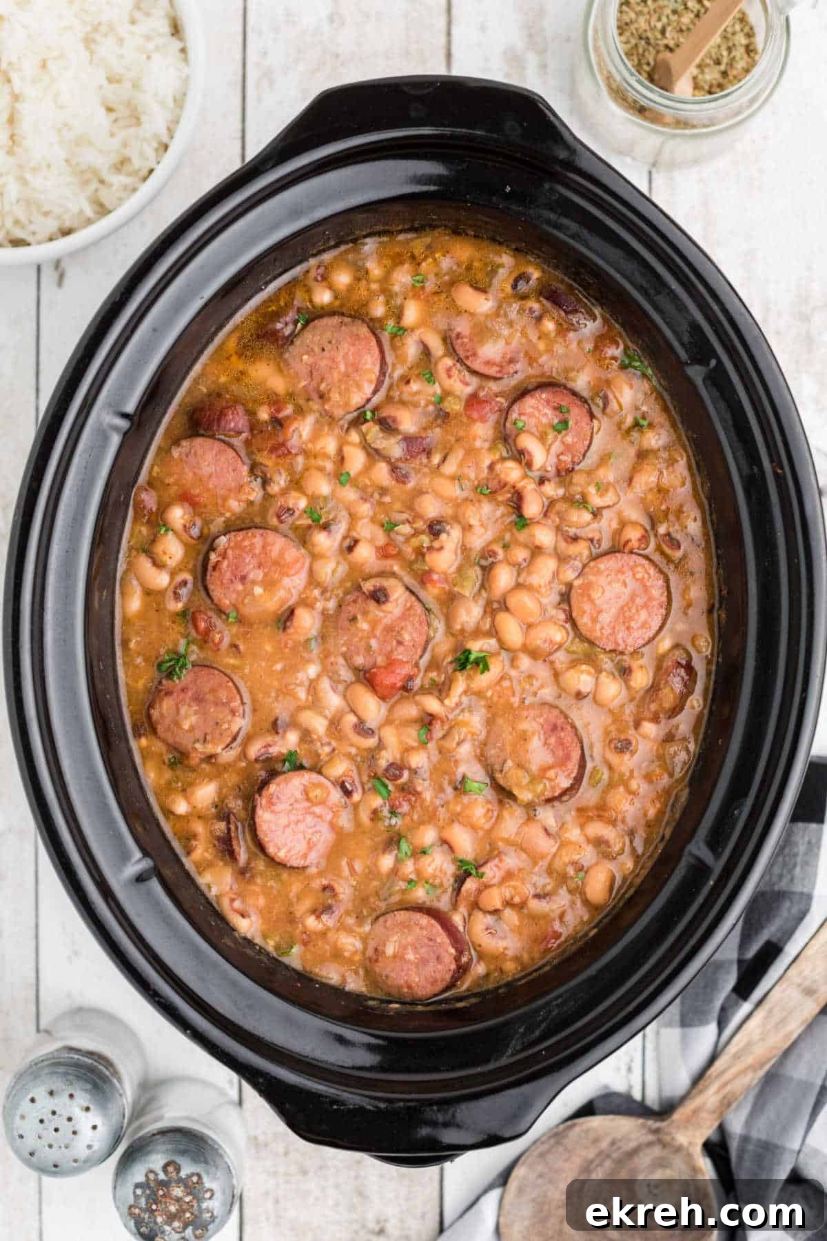 Close up shot cropped square, of a crock pot hoppin john.