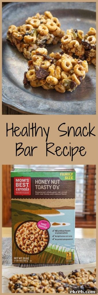 Pinterest collage of healthy snack bars with cereal box and title "Healthy Snack Bar Recipe"