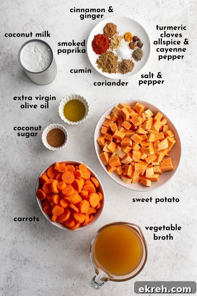 Creamy Roasted Sweet Potato and Carrot Soup Recipe 3 Ingredients to make vegan sweet potato soup arranged individually and labelled.