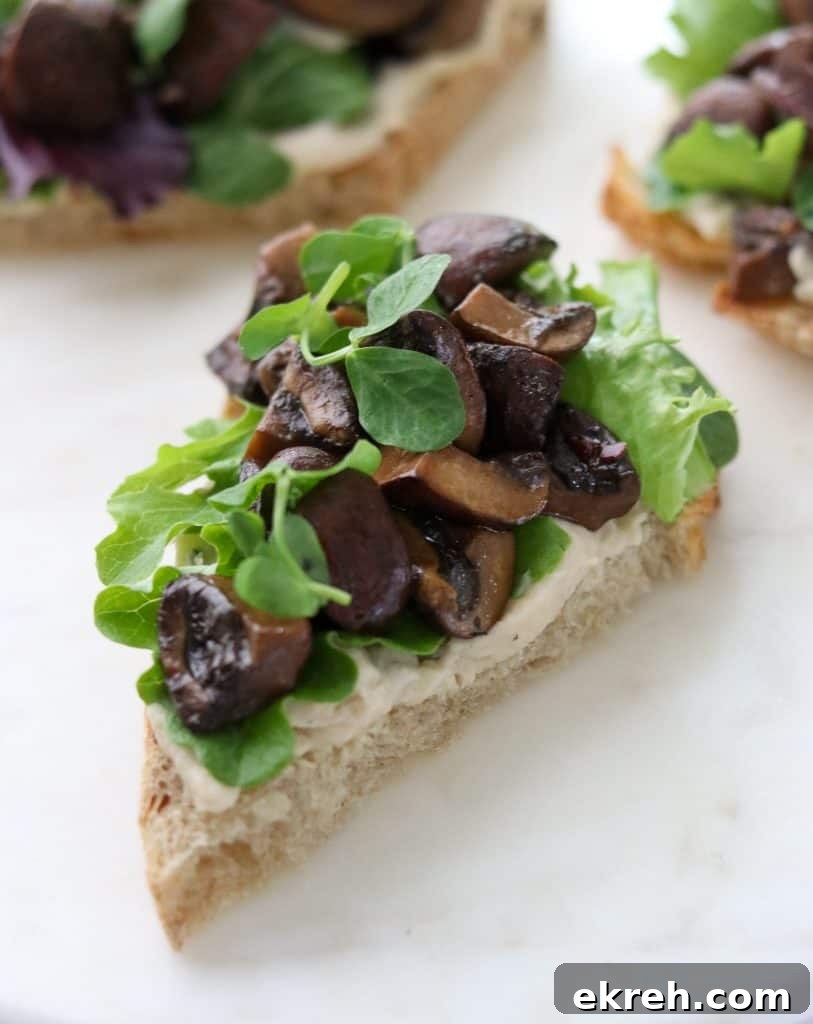 Balsamic-Glazed Mushroom Smorrebrod with White Bean Puree 2 A close up of an open sandwich with mushrooms and lettuce