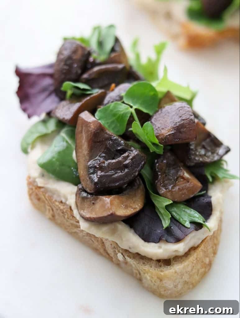 Balsamic-Glazed Mushroom Smorrebrod with White Bean Puree 8 A close up of an open sandwich with mushrooms and lettuce on a plate