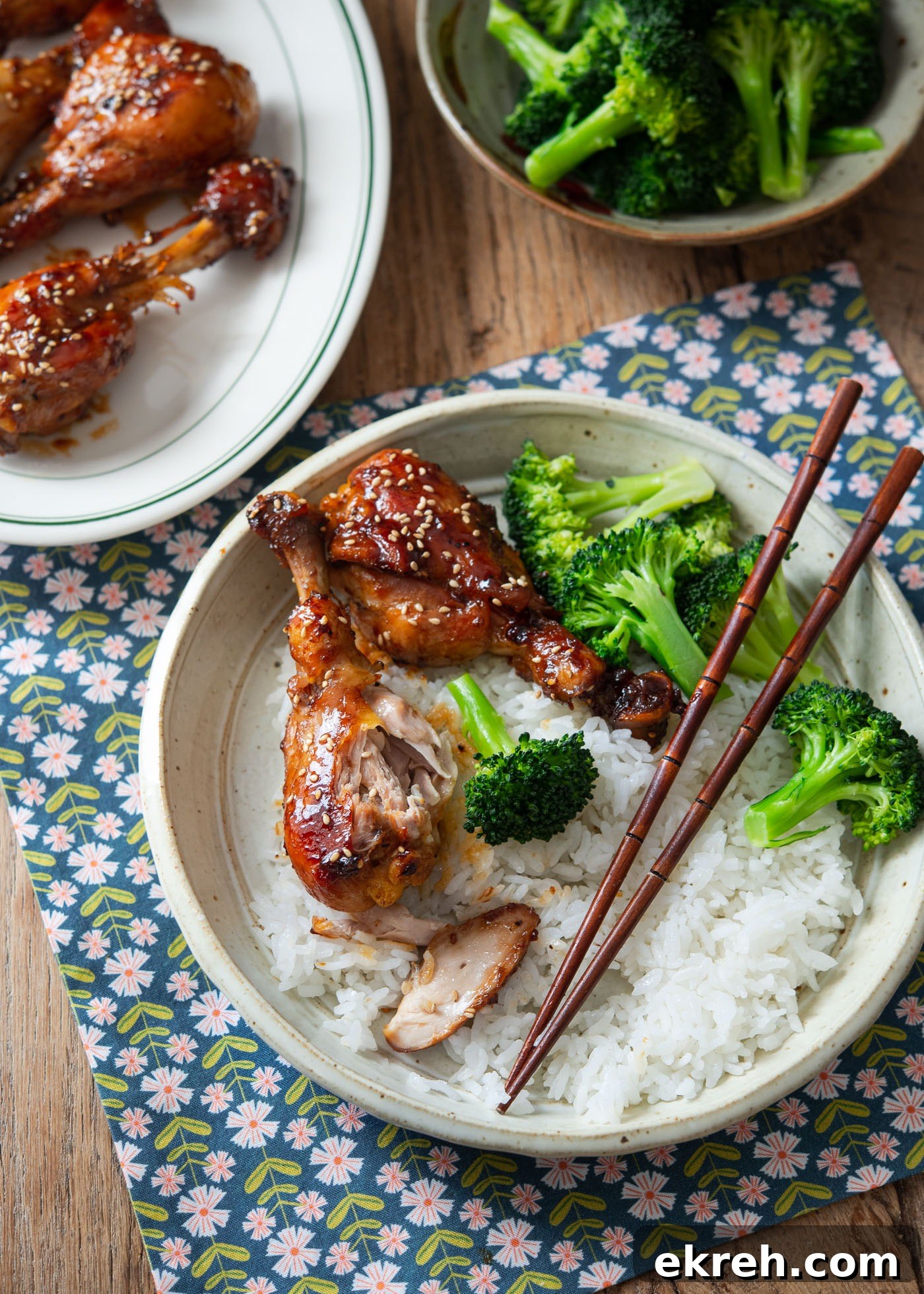 Juicy and tender teriyaki drumsticks served with rice and steamed broccoli.