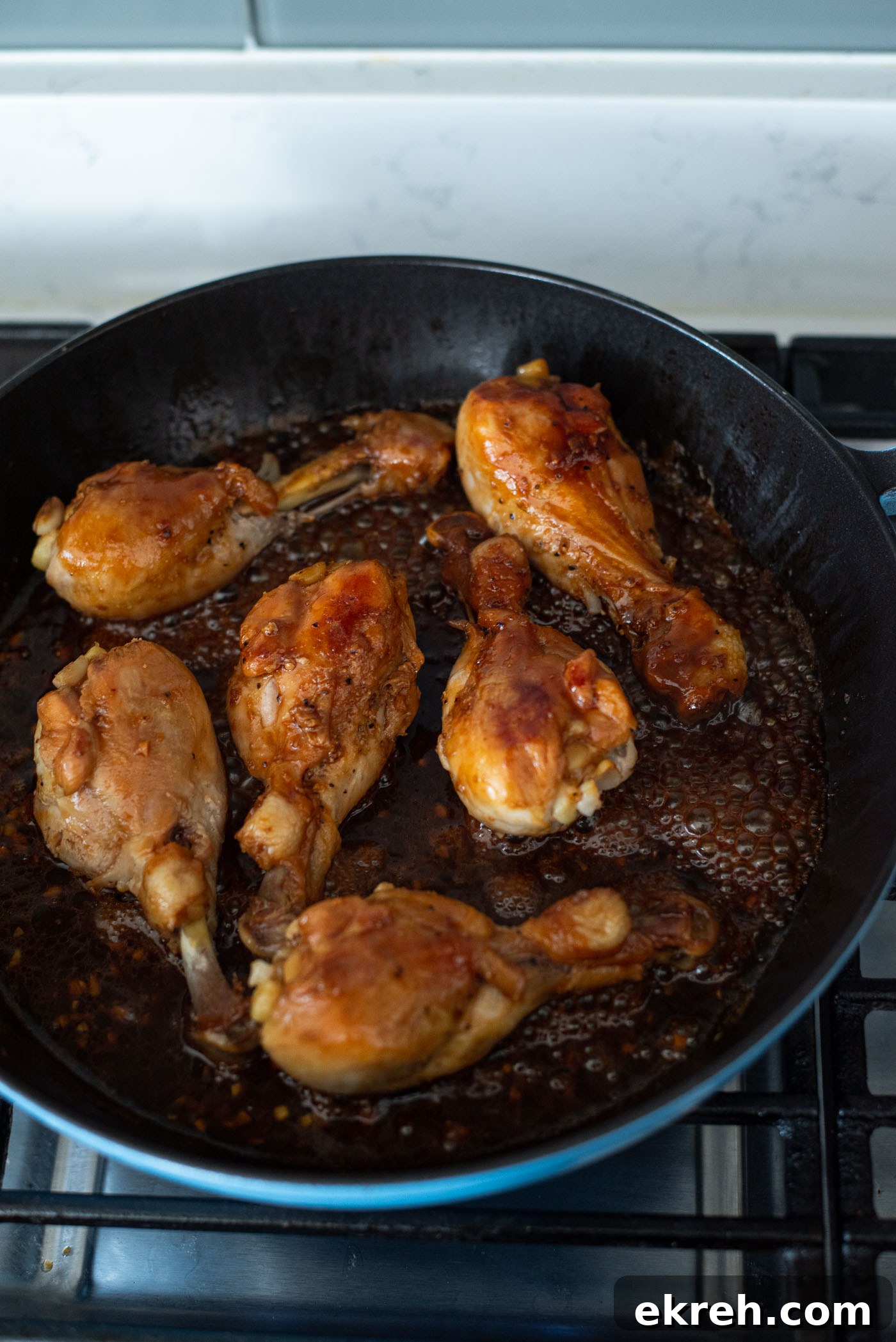 Quick and easy teriyaki sauce bubbling in a skillet.